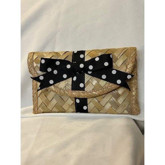 Dopro Bahamas Handbags - Vintage Depre Bahamas Straw Woven Clutch Black Polka Dot Bow Envelope Style